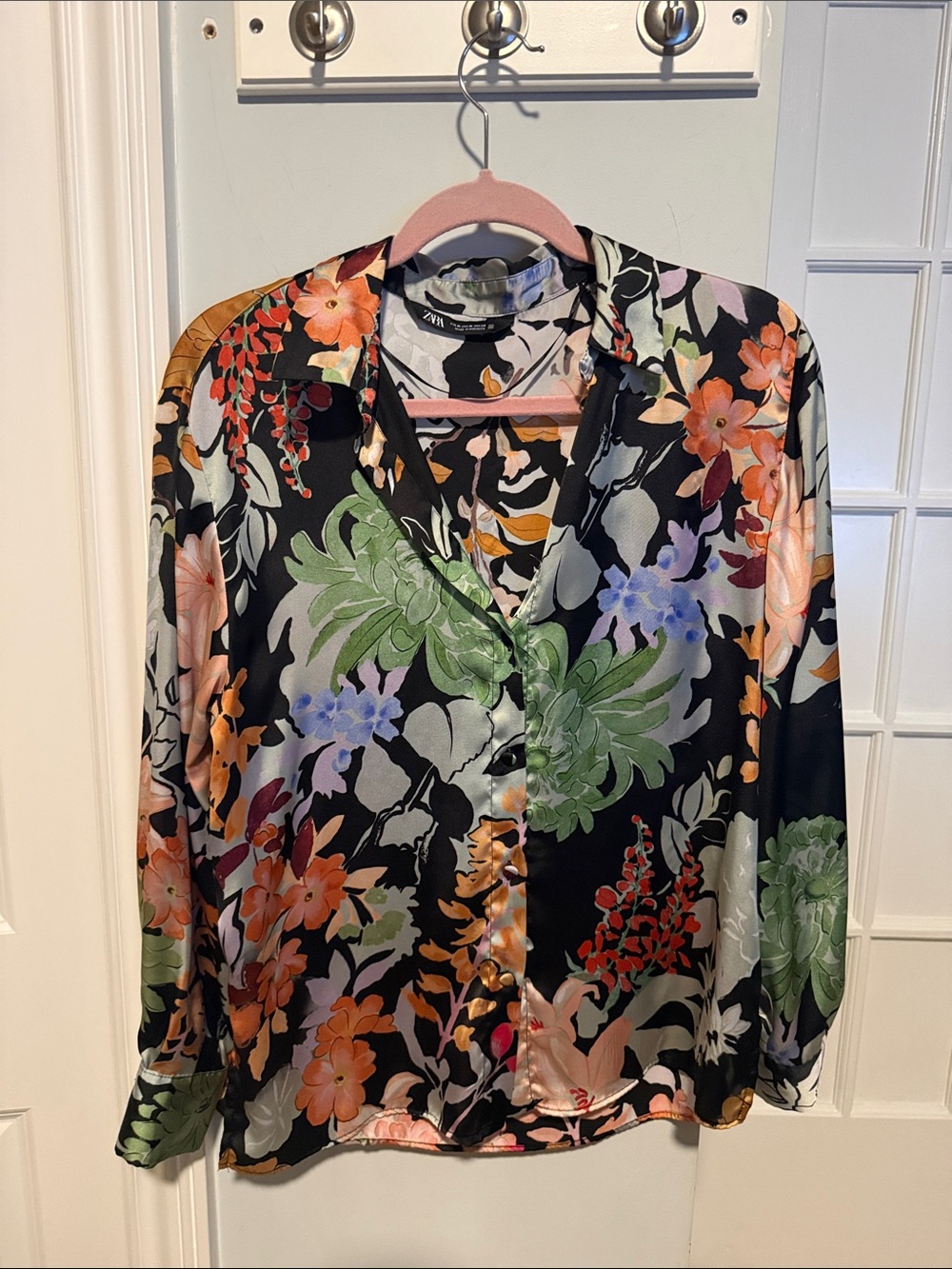 Zara Floral Satin Button-Up Blouse - Black/Multicolor